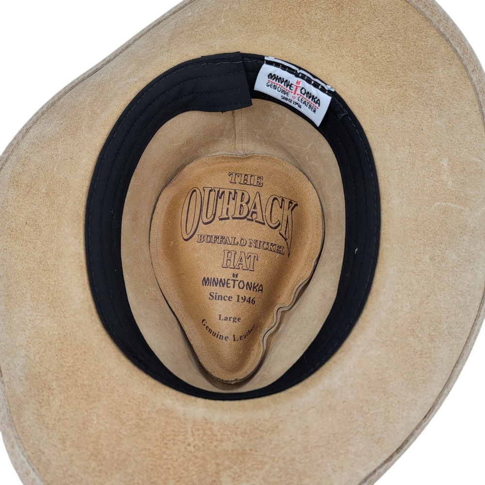 Minnetonka Outback Buffalo‎ Nickel Leather Cowboy Hat Buckskin Tan Size Large - Picture 7 of 12